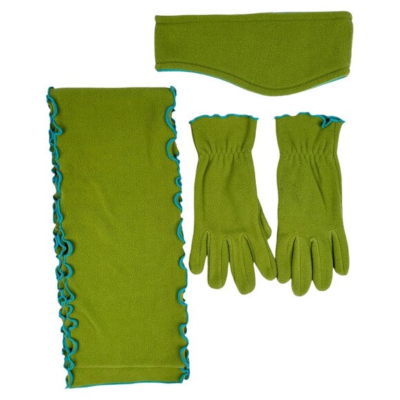 Scarf Gloves Headband 3 Piece Set ~ Green Blue Fleece Gloves Scarf Ear Warmers - Picture 1 of 8